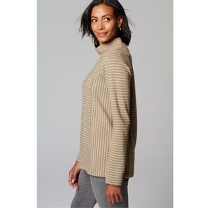 J Jill Women’s Seamed Mock Neck Long Sleeve Top Tan Grey Stripe Cotton Cozy M